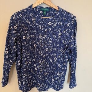 Lauren Ralph Lauren Blue Floral Long Sleeve Top Size 1X Plus Cotton Basic